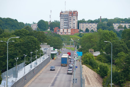 IVANGOROD, RUSSIA - AUGUST 12, 2017: View of the Russian check-point of the international commercial vehicleのeditorial素材