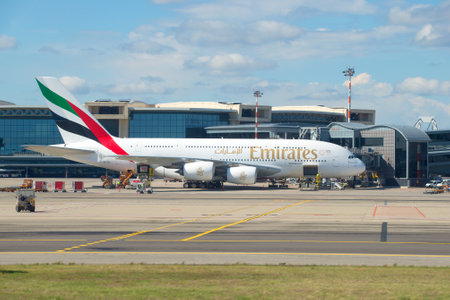 MILAN, ITALY-SEPTEMBER 17, 2017: The largest passenger airplane - Airbus A380-861 (A6-EEN) from Emirates Airline on the Malpensa airportのeditorial素材