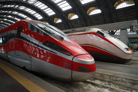 MILAN, ITALY - SEPTEMBER 18, 2017: Two modern high-speed trains on the central railway station of...