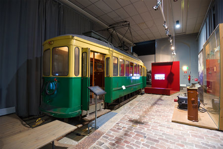 HELSINKI, FINLAND - SEPTEMBER 16, 2017: Old HKL tram 169 of 1941 in the exposition of the museum of tramsのeditorial素材