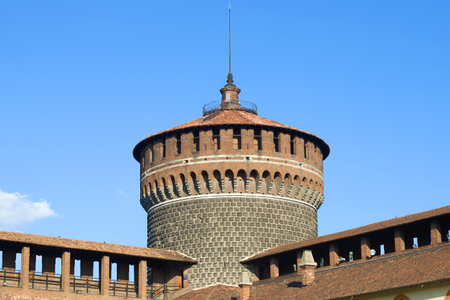 Top of the defensive tower Torrione del Carmine close-up. Castello Sforzesco, Milanのeditorial素材