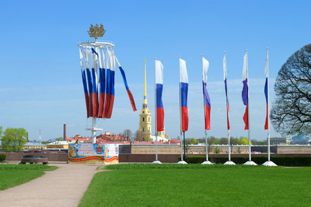 SAINT-PETERSBURG, RUSSIA - MAY 22, 2017: Celebratory flags for the birthday of St. Petersburg on the Spit of Vasilievsky Islandのeditorial素材