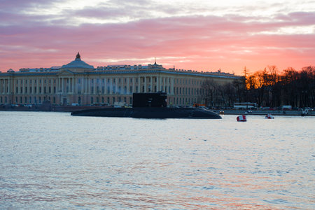 SAINT-PETERSBURG, RUSSIA - MAY 03, 2017: Russian submarine against the background of the building of the Academy of Arts in the May evening. Preparation for the Victory Day in St. Petersburgのeditorial素材