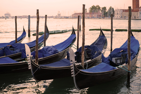 The moored gondolas in San Marco bay in the early cloudy morning. Venice, Italyの写真素材