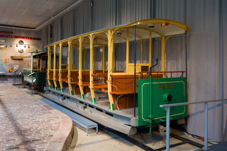 HELSINKI, FINLAND - SEPTEMBER 16, 2017: The open tram HRO243  in the museum of tramsのeditorial素材