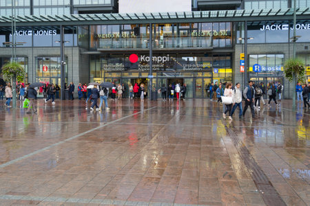 HELSINKI, FINLAND - SEPTEMBER 16, 2017: A rainy day at the entrance to the Kamppi shopping and transport centerのeditorial素材