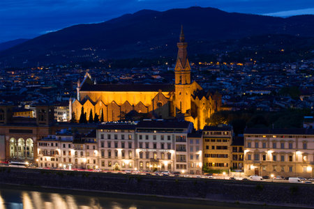 FLORENCE, ITALY - SEPTEMBER 19, 2017: Basilica di Santa Croce (Church of the Holy Cross) in the night sceneryのeditorial素材