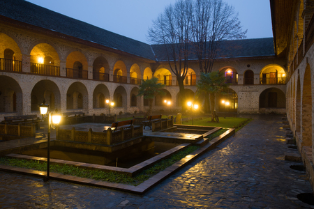 The courtyard of the ancient upper Caravanserai in the January twilight. Sheki, Azerbaijanの写真素材