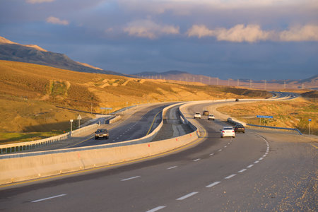 GOBUSTAN, AZERBAIJAN - JANUARY 034, 2018: Highway Ganja-Baku on the January evening