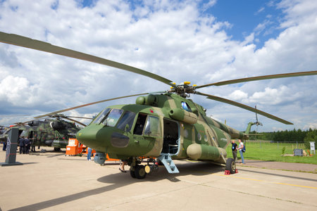 ZHUKOVSKY, RUSSIA - JULY 20, 2017: Military transport helicopter Mi-17V-5 close-up. MAKS-2017 airshowのeditorial素材