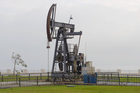 BAKU, AZERBAIJAN - JANUARY 04, 2018: Oil pomp close up on the city embankment in the cloudy...