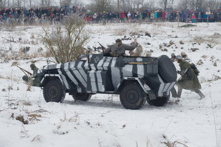 SAINT-PETERSBURG, RUSSIA - JANUARY 14, 2018: Heavy armored staff vehicle Sd.Kfz.247 on the battlefield. Fragment of the military-historical festivalのeditorial素材