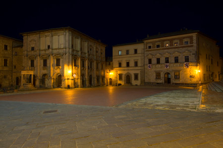 Night landscape of the central square of Montepulciano. Tuscany, Italyのeditorial素材