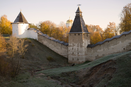 October morning at walls of Holy Dormition Pskov-Caves Monastery. Pechora, Russiaの写真素材