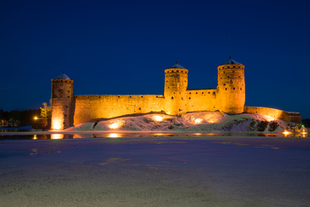 View of Olavinlinn's fortress in the March evening. Savonlinna, Finlandの写真素材