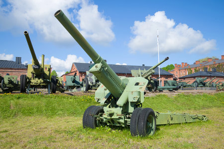 HAMENENLINNA, FINLAND - JUNE 10, 2017: Artillery gun of the Second World War period close-up on a...