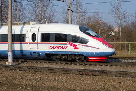 LENINGRAD REGION, RUSSIA - APRIL 09, 2018: The EVS2, the head motor car of the modern high-speed...