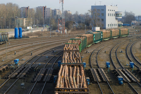 ST. PETERSBURG, RUSSIA - APRIL 09, 2018: Railway cars loaded with the  timber on railway tracks of...