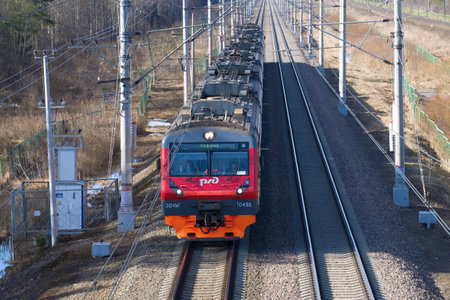 SAINT-PETERSBURG, RUSSIA - APRIL 10, 2018: Suburban electric train ED4M-0496 close-up