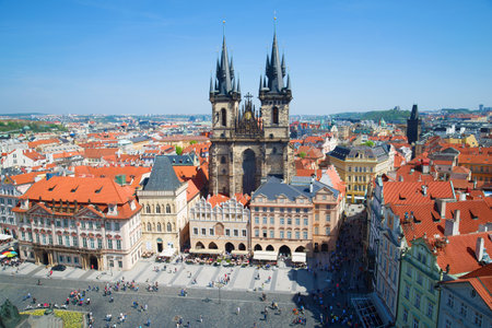 PRAGUE, CZECH REPUBLIC - APRIL 21, 2018: View of the Church of the Virgin Mary in front of Tynem in a sunny dayのeditorial素材