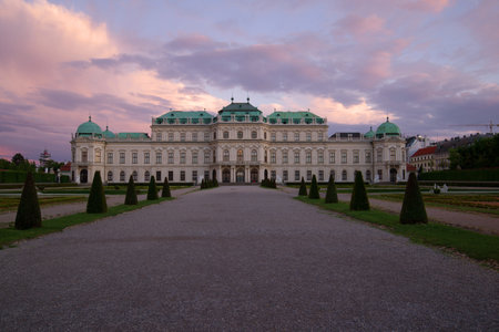 VIENNA, AUSTRIA - APRIL 26, 2018: Belvedere Palace in the April twilight. Vienna, Austriaのeditorial素材