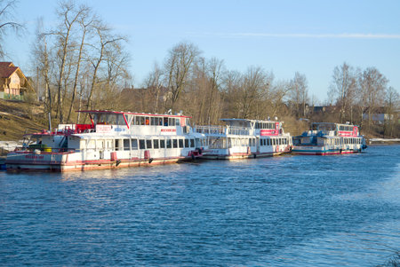 ST PETERSBURG, RUSSIA - APRIL, 2018: Parking of tourist motor shipsのeditorial素材