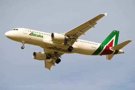 SAINT-PETERSBURG, RUSSIA - JUNE 11, 2018: Airbus A320 (EI-DSL) of Alitalia on the glide path before...