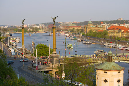 PRAGUE, CZECH REPUBLIC - APRIL 21, 2018: Columns with angels on the Chekhov bridge on a sunny April dayのeditorial素材