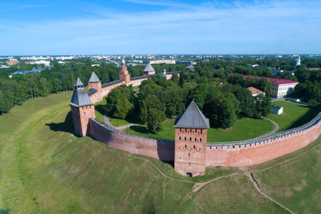 View of the towers of the Kremlin of Veliky Novgorod on a sunny June day (aerial survey). Russiaのeditorial素材