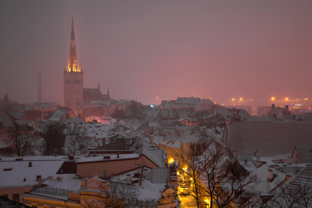 Misty March evening in the old Tallinn. Estoniaのeditorial素材