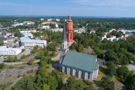 View of the Yutheran Church and the ancient water tower in the July afternoon (aerial survey). Hanko, Finlandの写真素材
