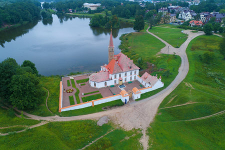 View from the height of the Priory Palace on a cloudy summer day. Gatchina, Russiaのeditorial素材