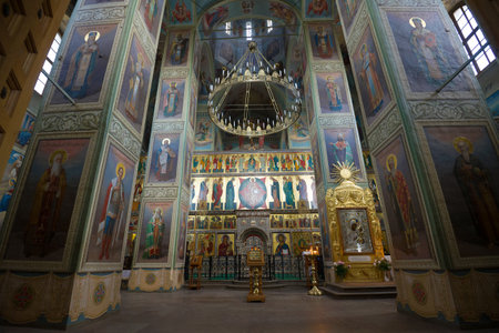 Interior of the ancient cathedral of the Icon of the Mother of God Iverskaya. Valdaisky Iversky Bogoroditsky Monasteryのeditorial素材