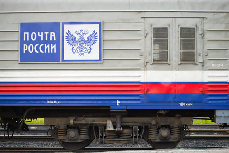 SEYDA, RUSSIA - AUGUST 19, 2018: A fragment of a post baggage car with a logo Russian Postのeditorial素材