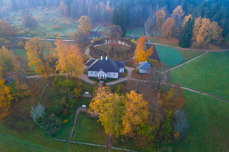 PSKOV REGION, RUSSIA - OCTOBER 14, 2018: The Mikhailovskoe, Pskov region (aerial survey)のeditorial素材