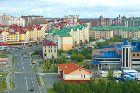 SALEKHARD, RUSSIA - AUGUST 29, 2018: City landscape of colorful Salekhardのeditorial素材