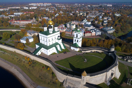 Trinity Cathedral close-up on an October day (aerial survey). Pskov, Russia