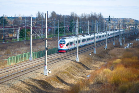 LENINGRAD REGION, RUSSIA - APRIL 10, 2018: Modern high-speed express train EVS1-13