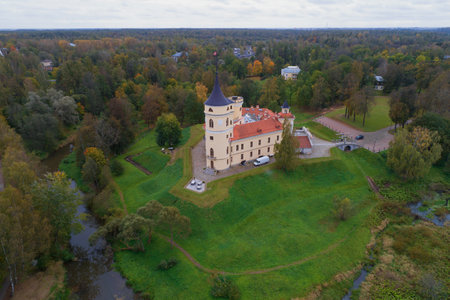 View of the Bip Castle on a gloomy October day (aerial photography). Pavlovsk, outskirts of St. Petersburg, Russiaのeditorial素材