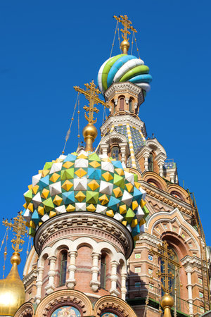 The top of the Cathedral of the Resurrection of Christ (Savior-on-the-Blood) close-up against a blue sky. Saint-Petersburg, Russiaのeditorial素材