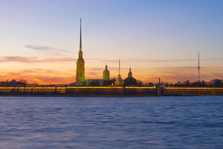View of the Peter and Paul Fortress against the sunset sky on May evening. Saint-Petersburg, Russiaのeditorial素材