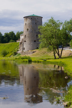 View of the Rattling tower on a cloudy summer day. Pskov, Russiaのeditorial素材