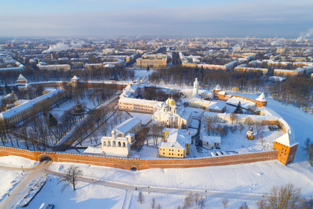 A January frosty day over the Novgorod Kremlin (aerial survey). Veliky Novgorod, Russia
