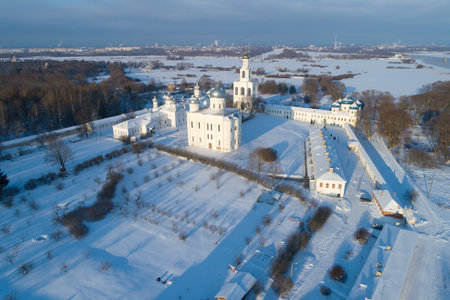 St. George monastery on January day (aerial photography). Veliky Novgorod, Russiaのeditorial素材