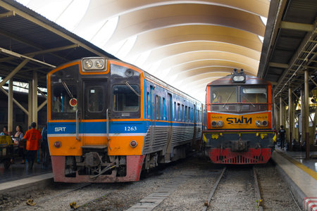 BANGKOK, THAILAND - JANUARY 04, 2019: Two passenger trains on the Hua Lamphong railway station