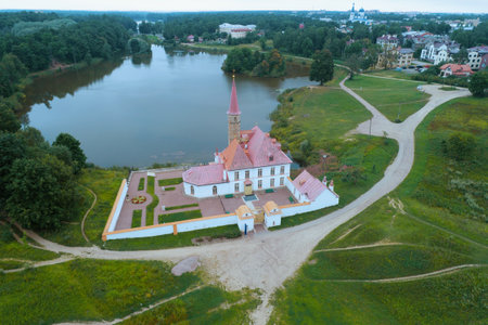 Priory Palace on a cloudy august morning (aerial survey). Gatchina, Russiaのeditorial素材