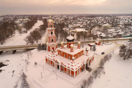 January evening over the Resurrection Cathedral (aerial survey). Staraya Russa, Russiaのeditorial素材