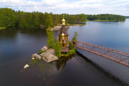 Church of Apostle Andrew the First-Called on the Vuoksa River on a June morning (aerial photography). Leningrad region, Russiaのeditorial素材