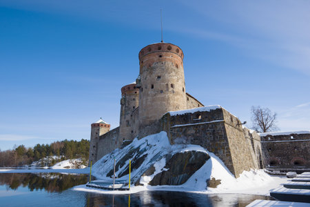 Close-up of the ancient Olavinlinna fortress  on a March afternoon. Savonlinna, Finlandのeditorial素材