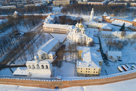 Saint Sophia Cathedral in the Kremlin of Veliky Novgorod on a January afternoon (shooting from a...